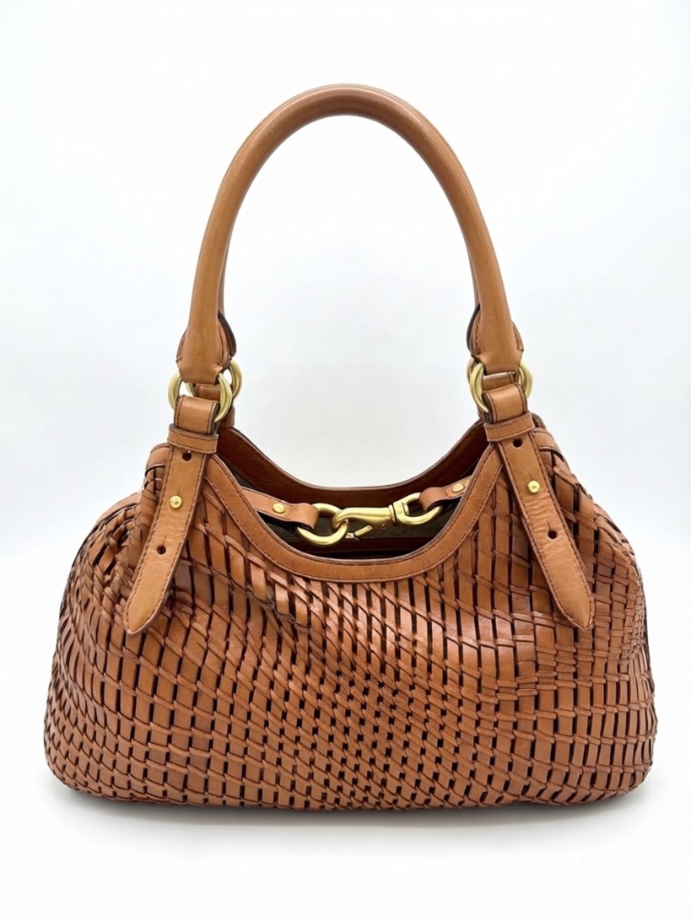 Cole Haan Genevieve Woven Leather Hobo Shoulder Bag Cognac Tan Brass